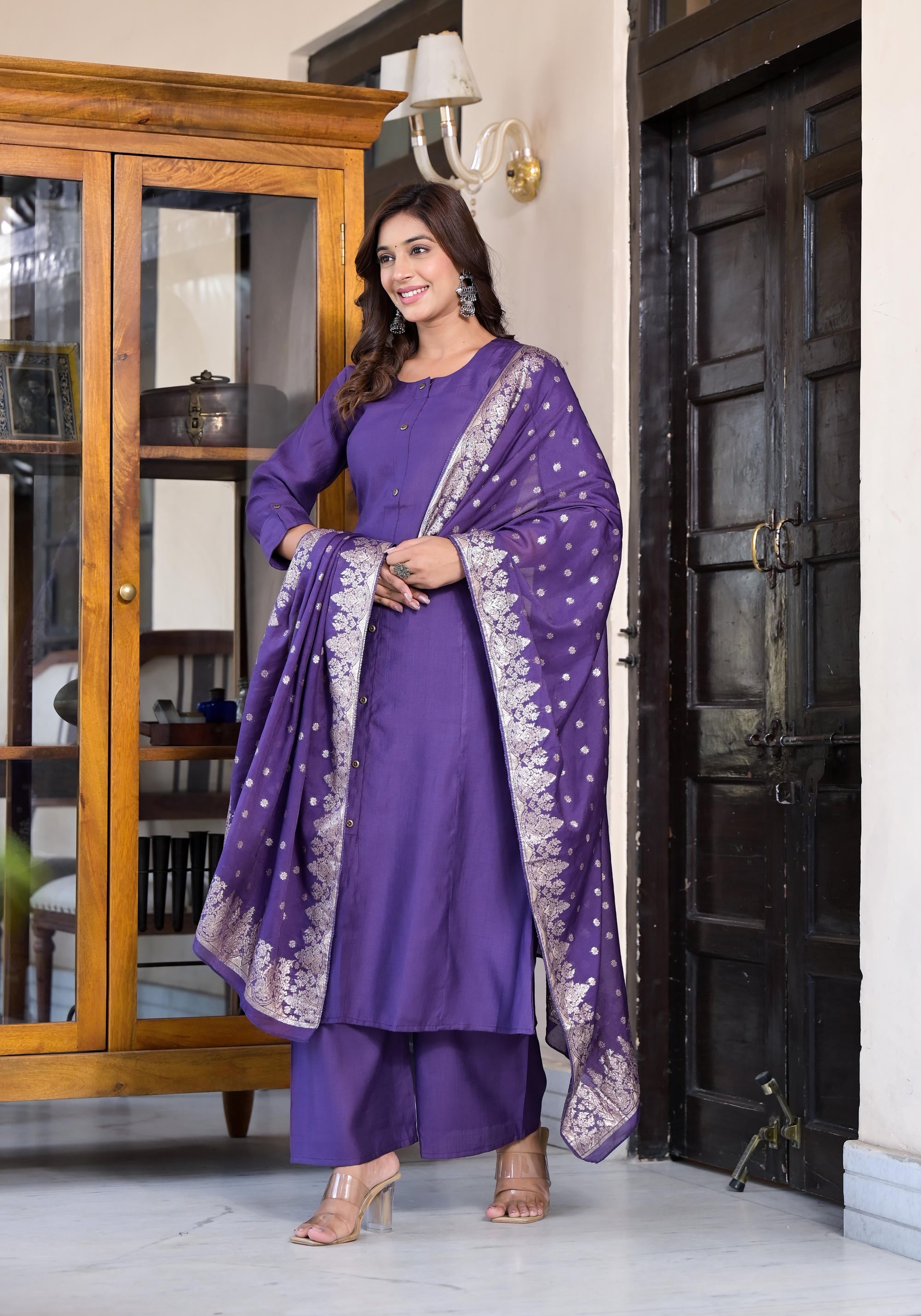 Purple Zari Embroidered Cotton Kurta Pant And Dupatta Set With Button 
