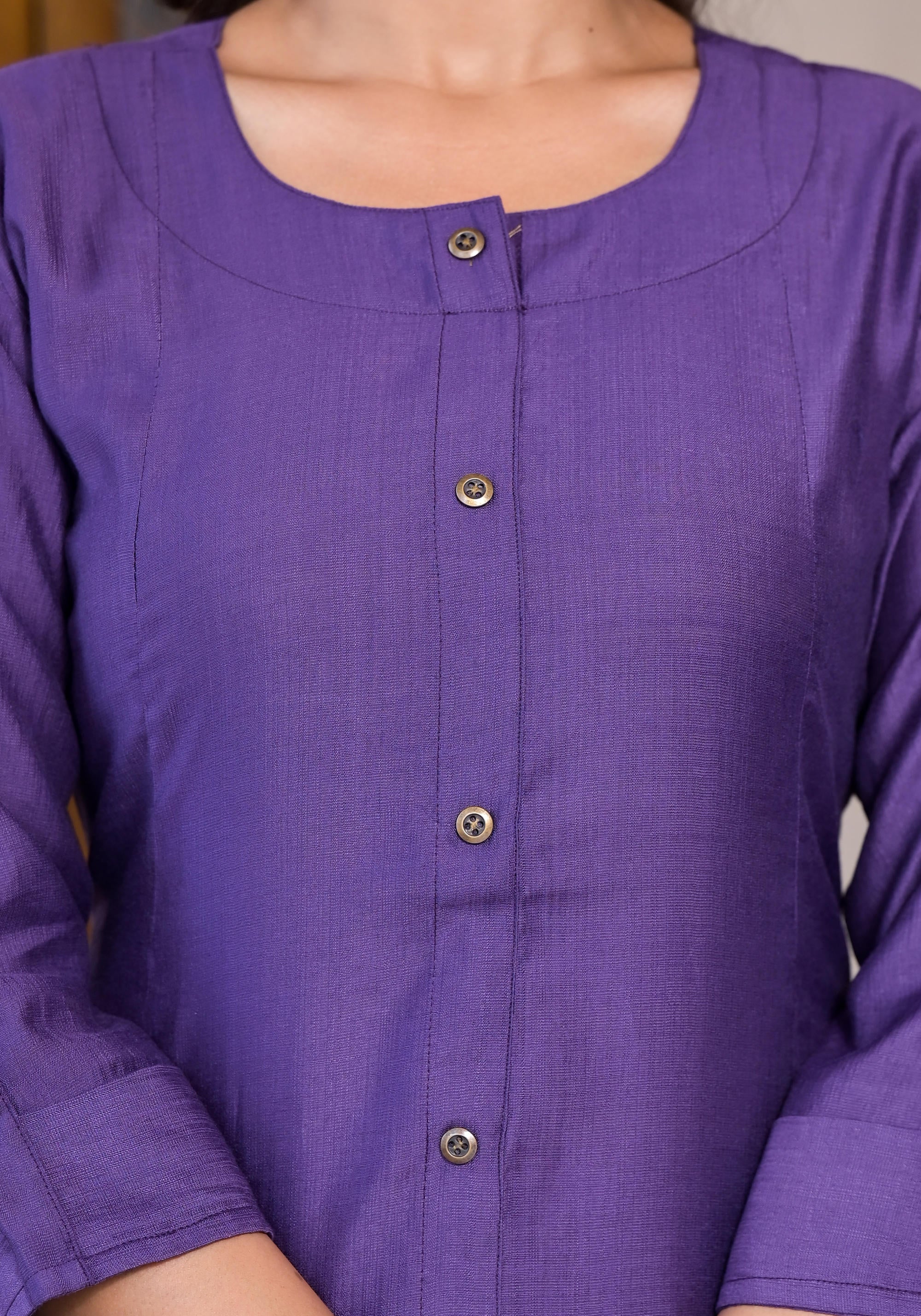 Purple Zari Embroidered Cotton Kurta Pant And Dupatta Set With Button 