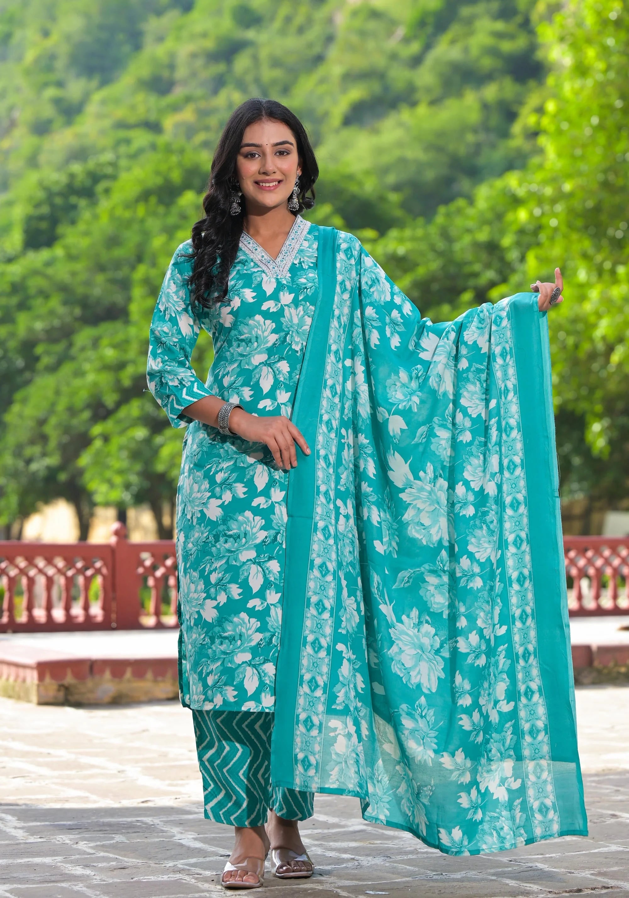 Rama Green Floral Indian Kurta Set with Mirror Work