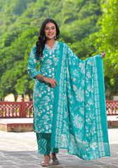 Rama Green Floral Printed Cotton Kurta Pant With Dupatta Set With Mirror Work & Zari Work-J4992OT13RAMAGREEN