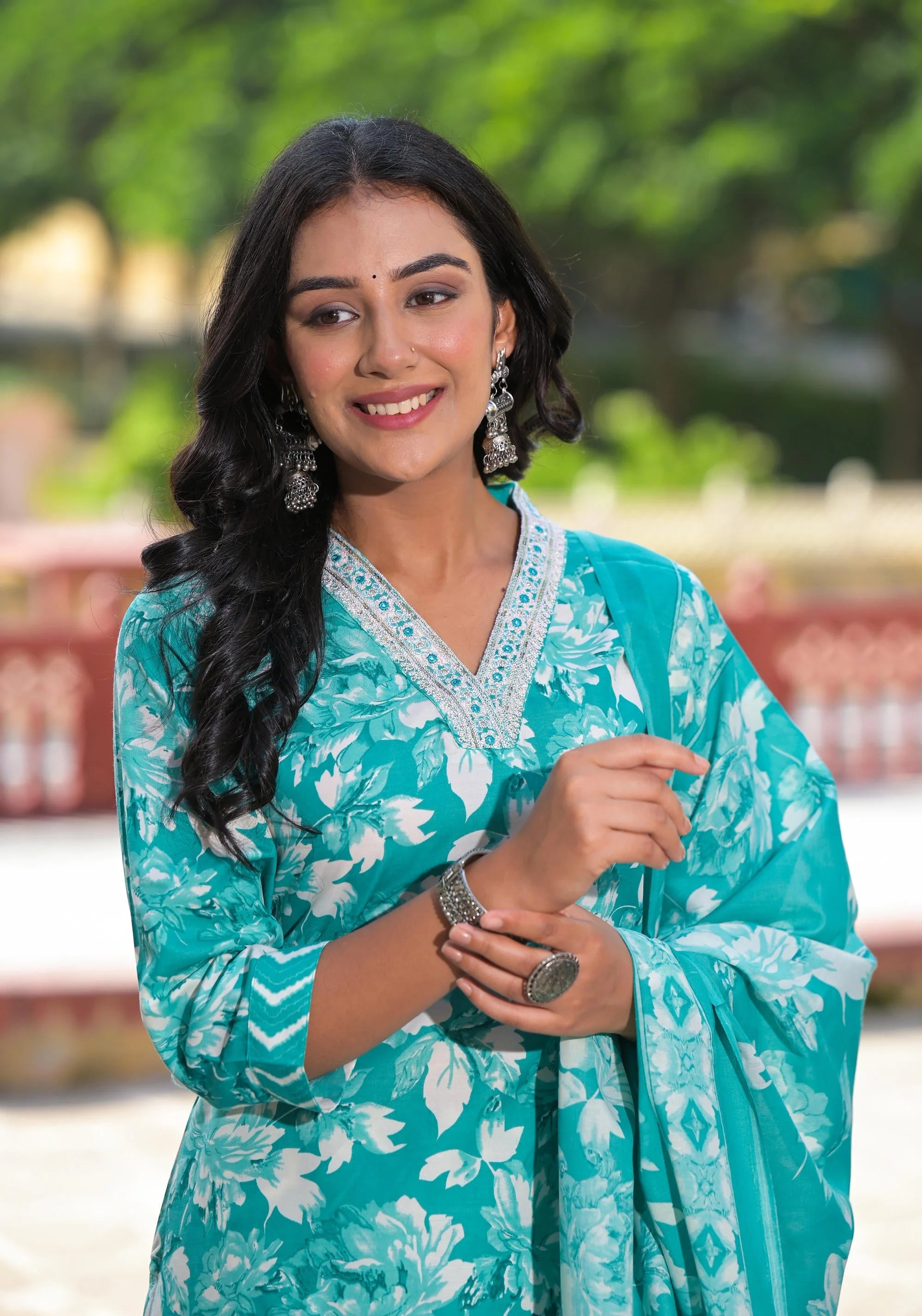 Rama Green Floral Indian Kurta Set with Mirror Work