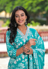 Rama Green Floral Printed Cotton Kurta Pant With Dupatta Set With Mirror Work & Zari Work-J4992OT13RAMAGREEN