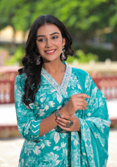 Rama Green Floral Printed Cotton Kurta Pant With Dupatta Set With Mirror Work & Zari Work-J4992OT13RAMAGREEN