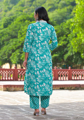 Rama Green Floral Printed Cotton Kurta Pant With Dupatta Set With Mirror Work & Zari Work-J4992OT13RAMAGREEN