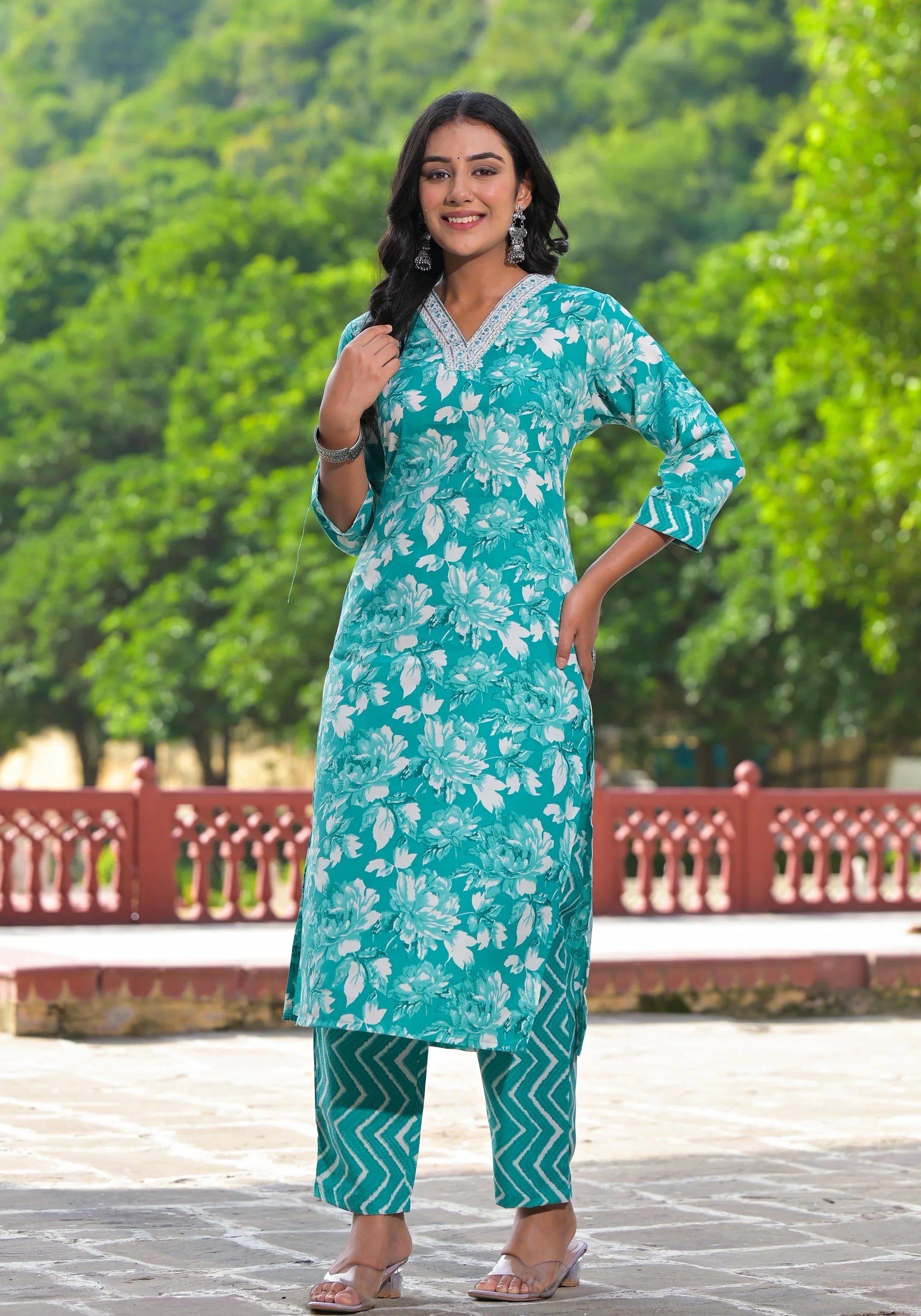 Rama Green Floral Indian Kurta Set with Mirror Work