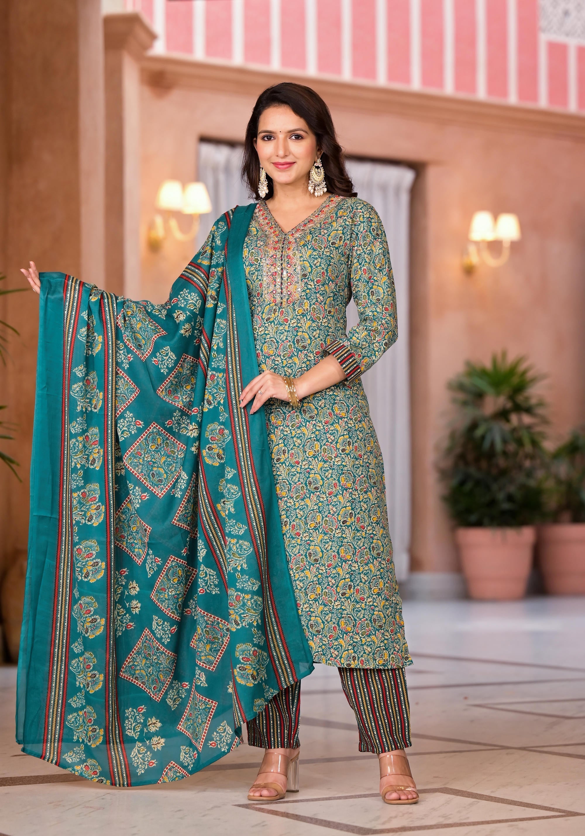 Rama Green Cotton Ethnic Motif Printed Kurta Pant And Dupatta Set With