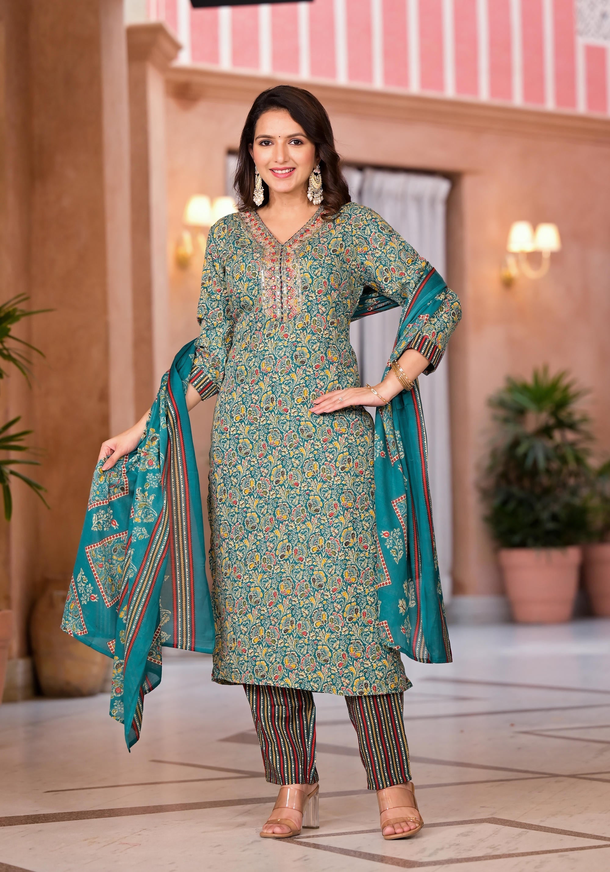 Rama Green Cotton Ethnic Motif Printed Kurta Pant And Dupatta Set With