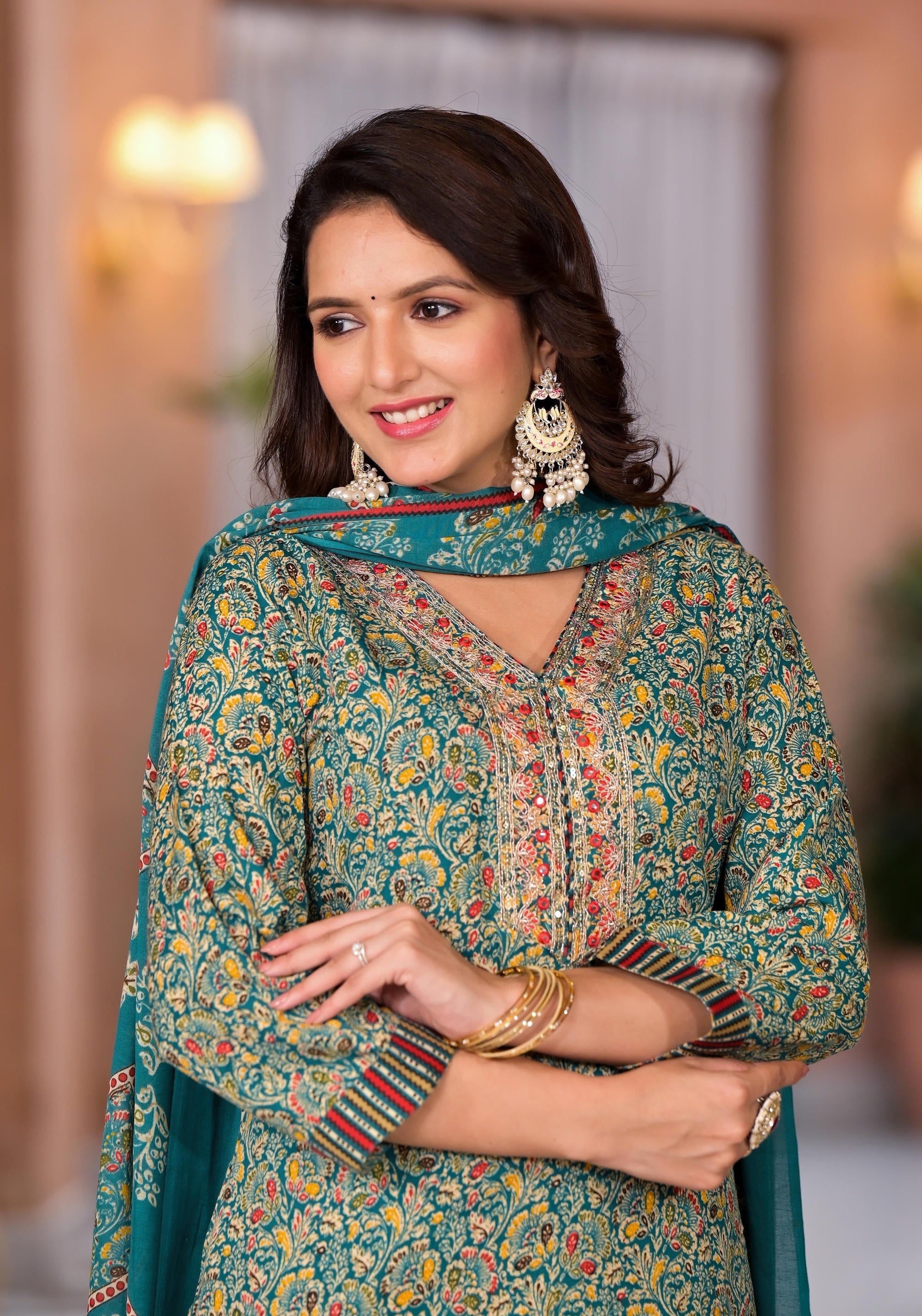 Rama Green Cotton Ethnic Motif Printed Kurta Pant And Dupatta Set With