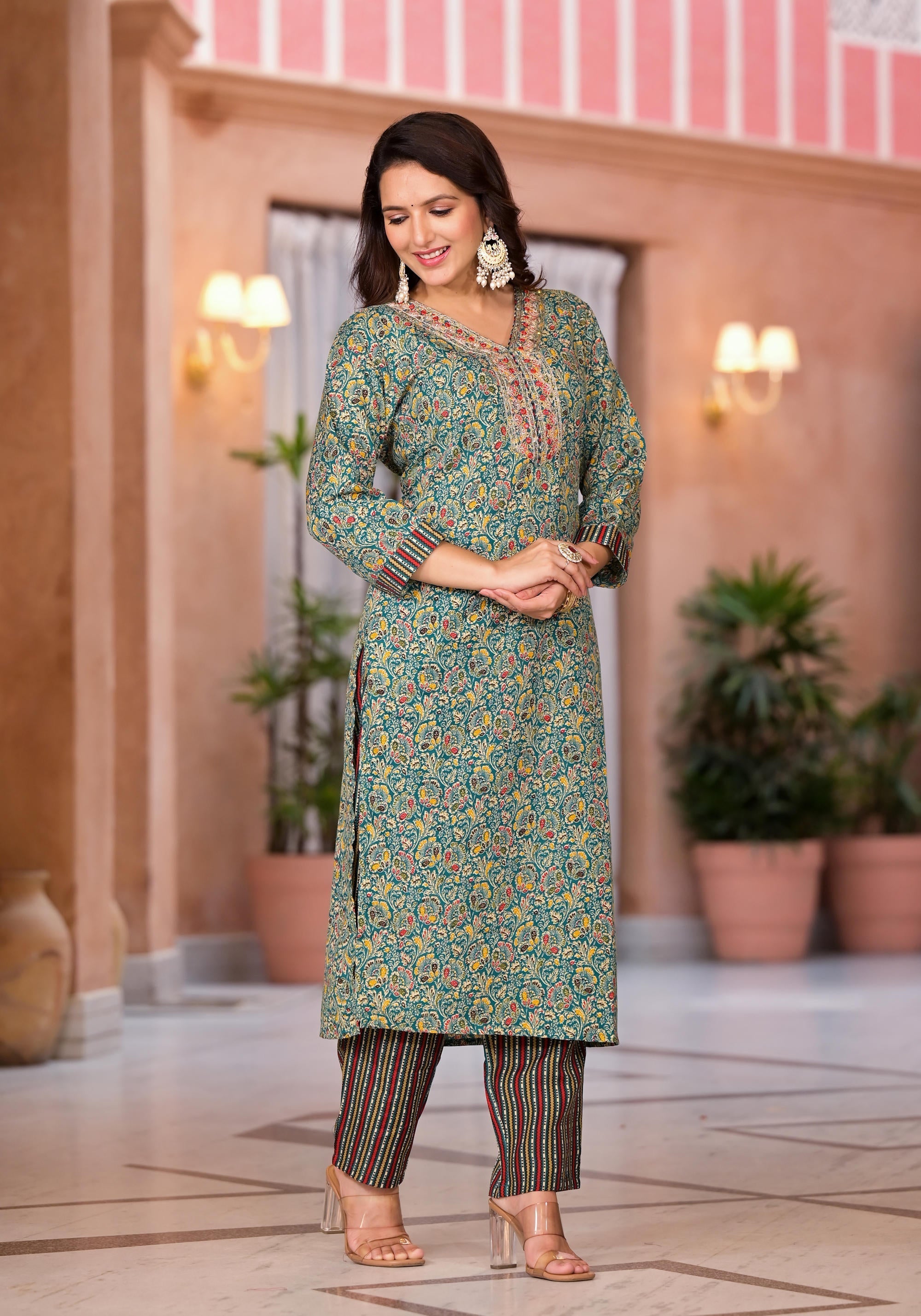 Rama Green Cotton Ethnic Motif Printed Kurta Pant And Dupatta Set With
