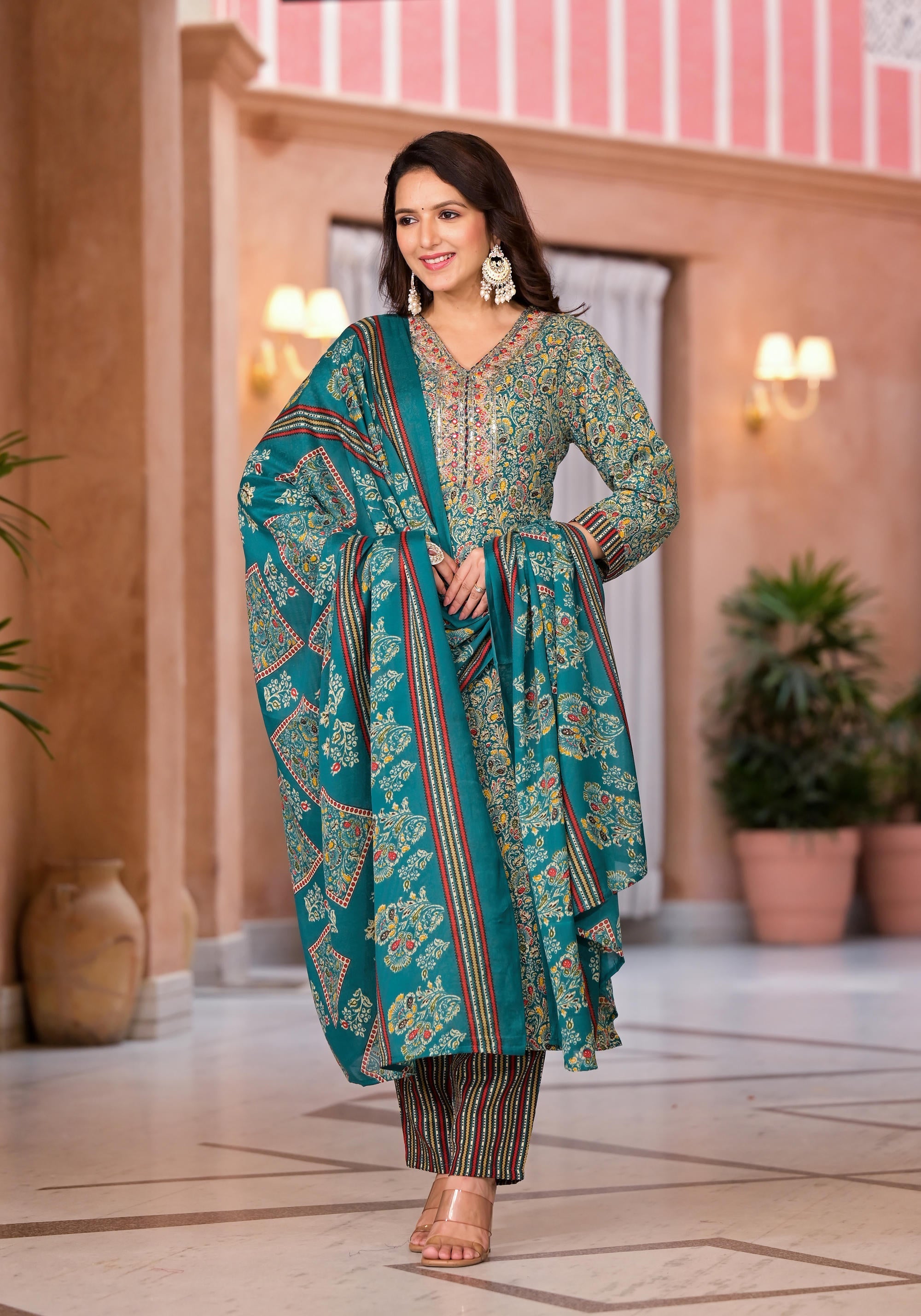 Rama Green Cotton Ethnic Motif Printed Kurta Pant And Dupatta Set With