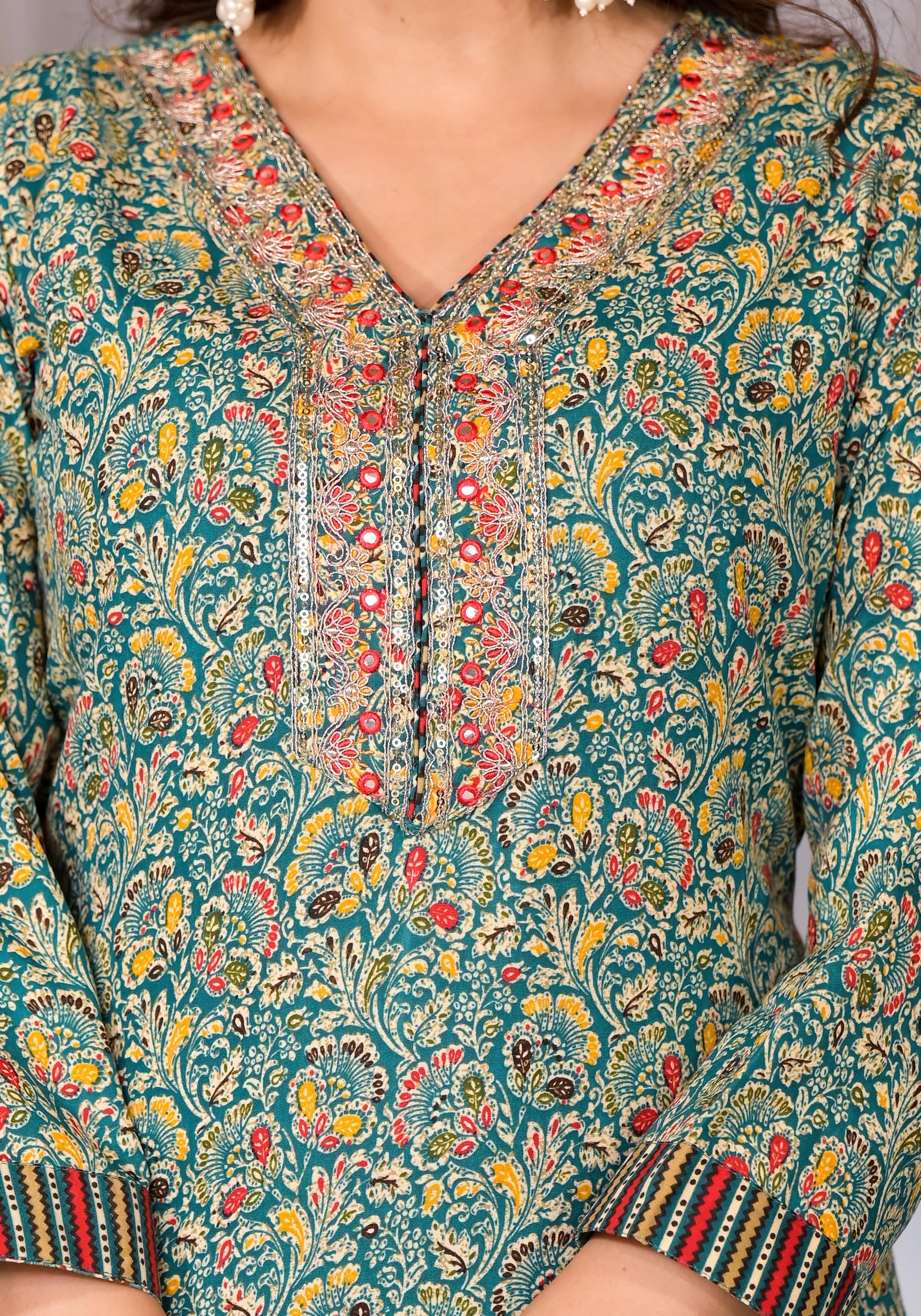 Rama Green Cotton Ethnic Motif Printed Kurta Pant And Dupatta Set With