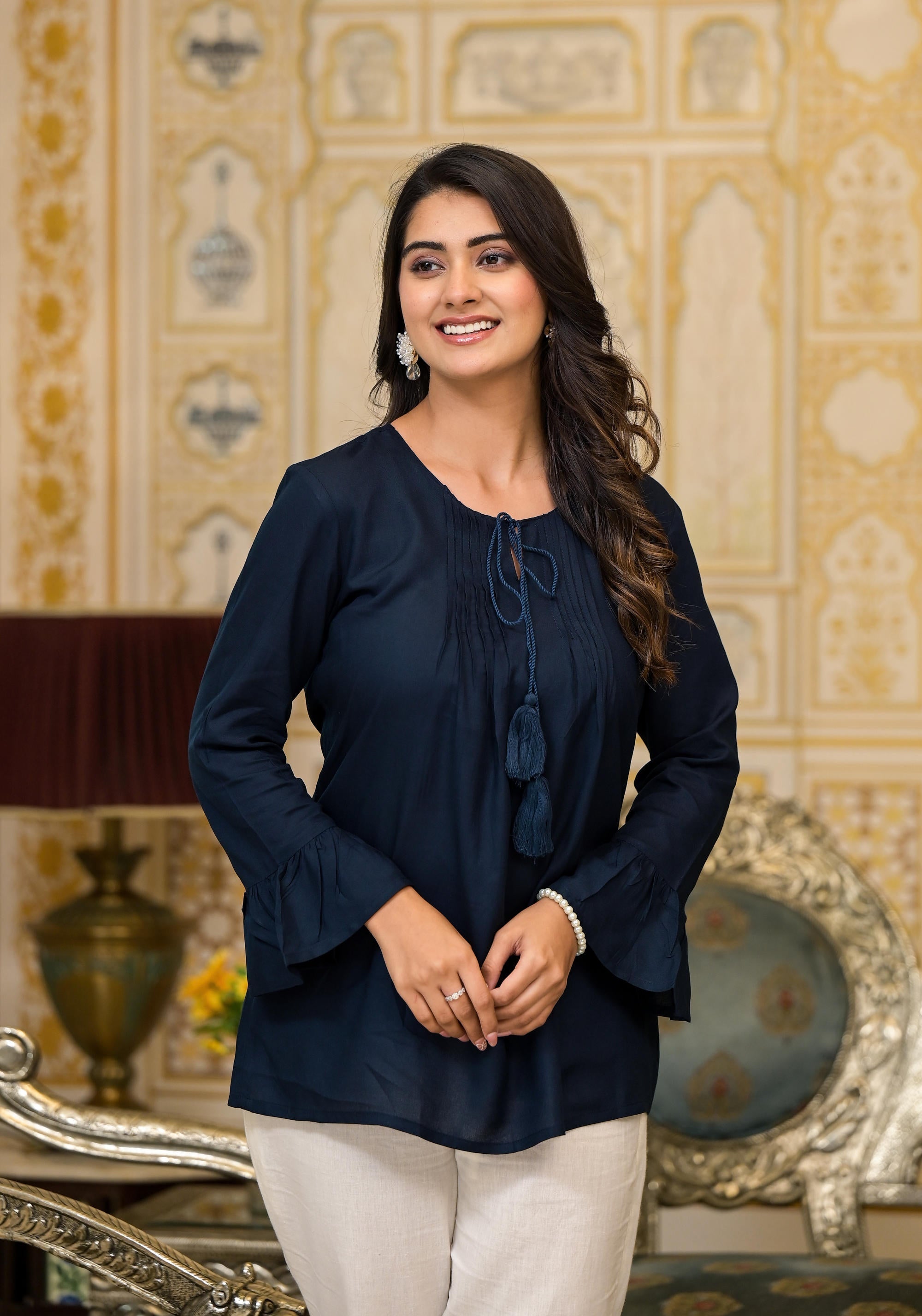 Navy Blue Solid Rayon Top With Tassels &Doris | DesiQlo
