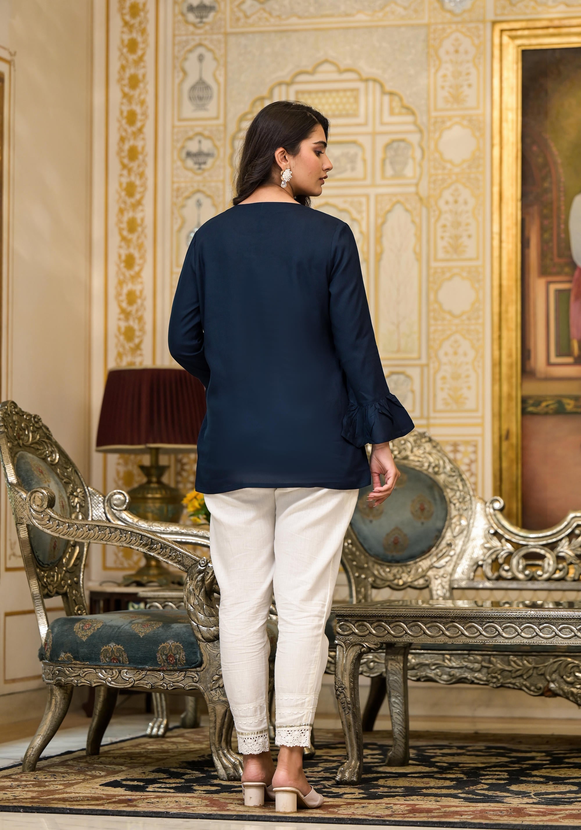 Navy Blue Solid Rayon Top With Tassels &Doris | DesiQlo