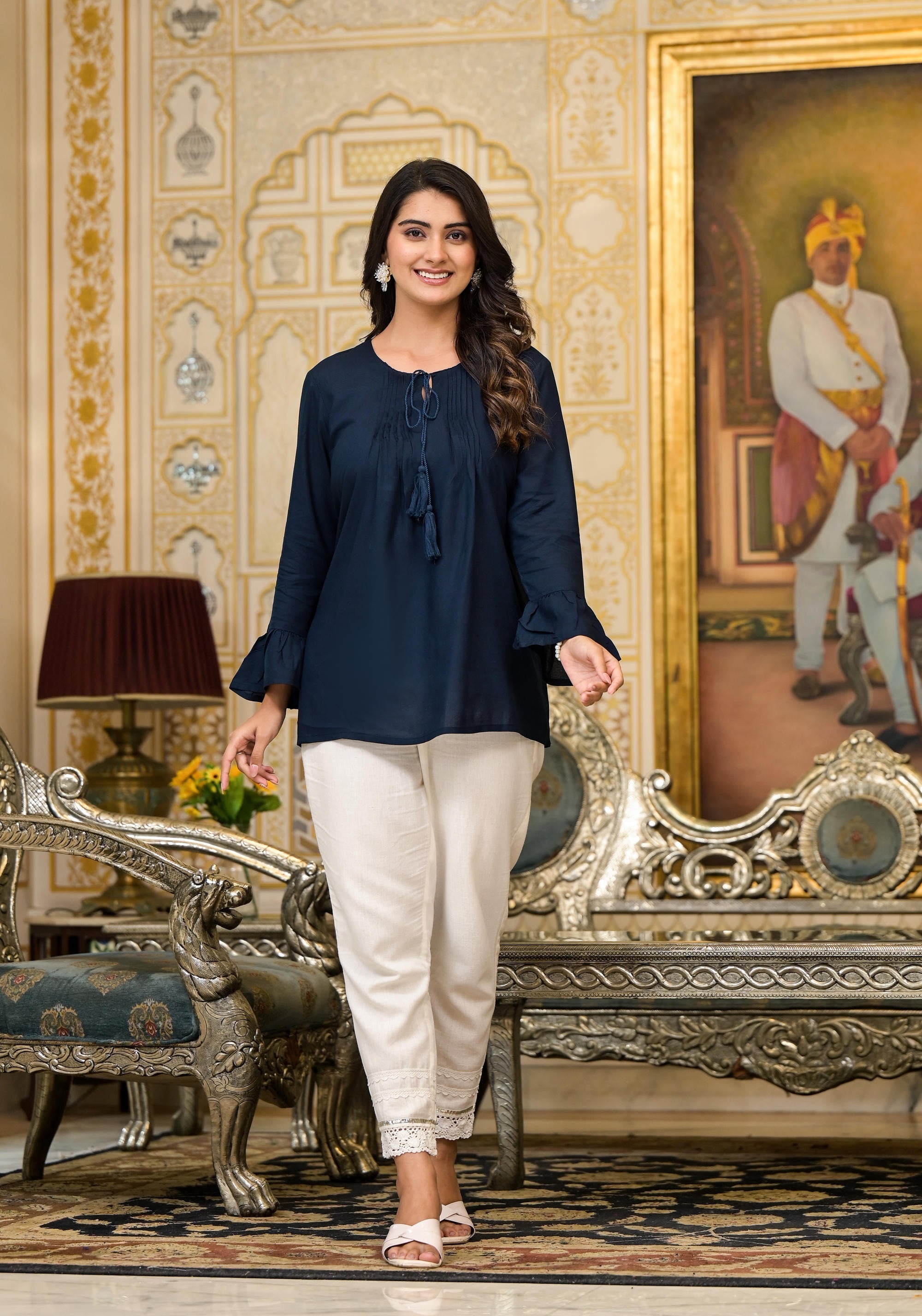 Navy Blue Solid Rayon Top With Tassels &Doris | DesiQlo