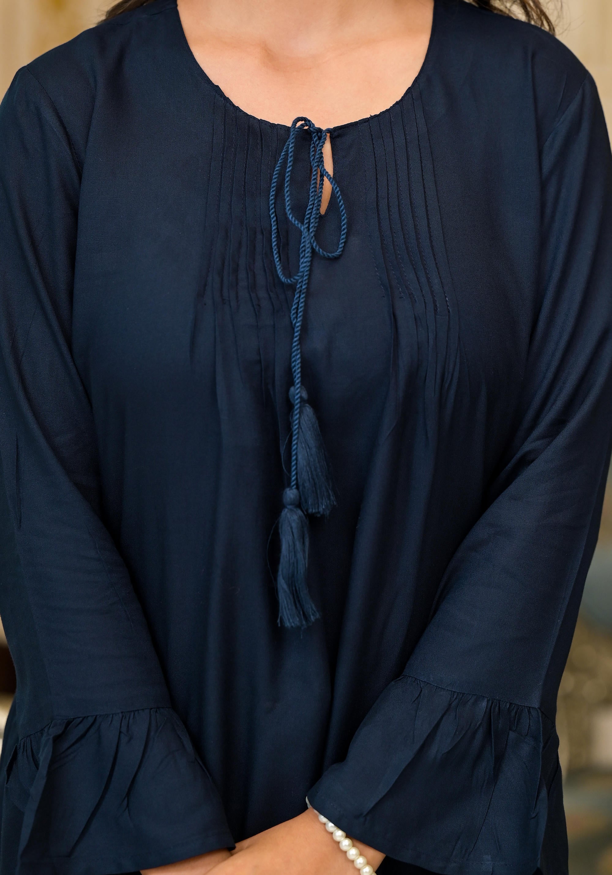Navy Blue Solid Rayon Top With Tassels &Doris | DesiQlo