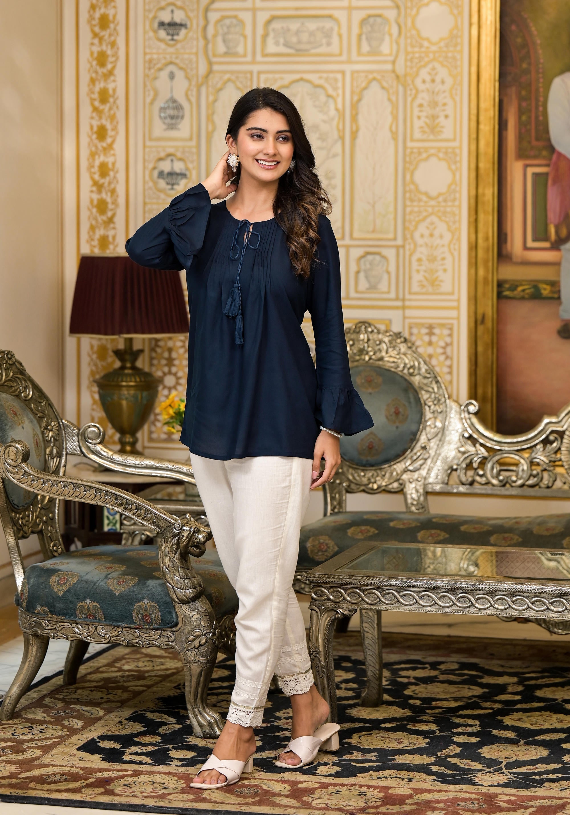 Navy Blue Solid Rayon Top With Tassels &Doris | DesiQlo