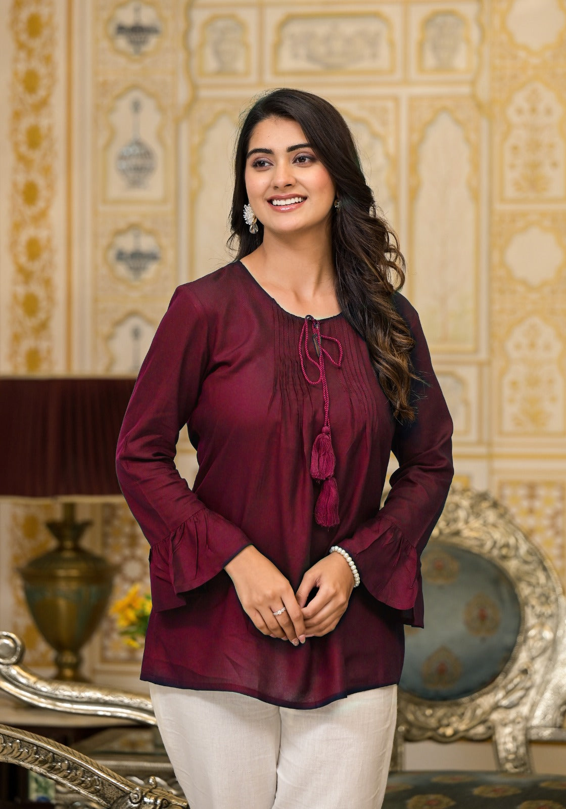 Plum Solid Rayon Top With Tassels & Doris | DesiQlo