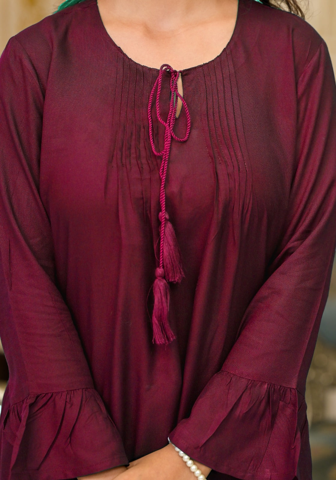 Plum Solid Rayon Top With Tassels & Doris | DesiQlo