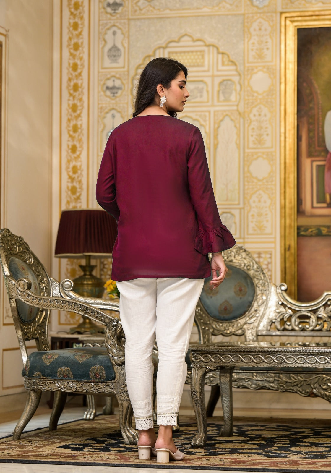 Plum Solid Rayon Top With Tassels & Doris | DesiQlo