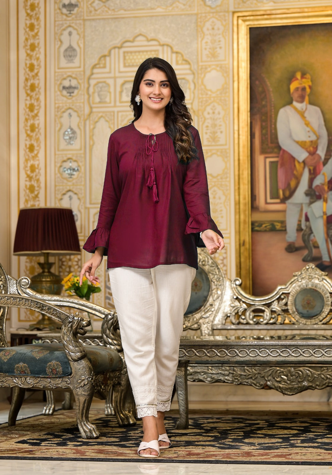 Plum Solid Rayon Top With Tassels & Doris | DesiQlo