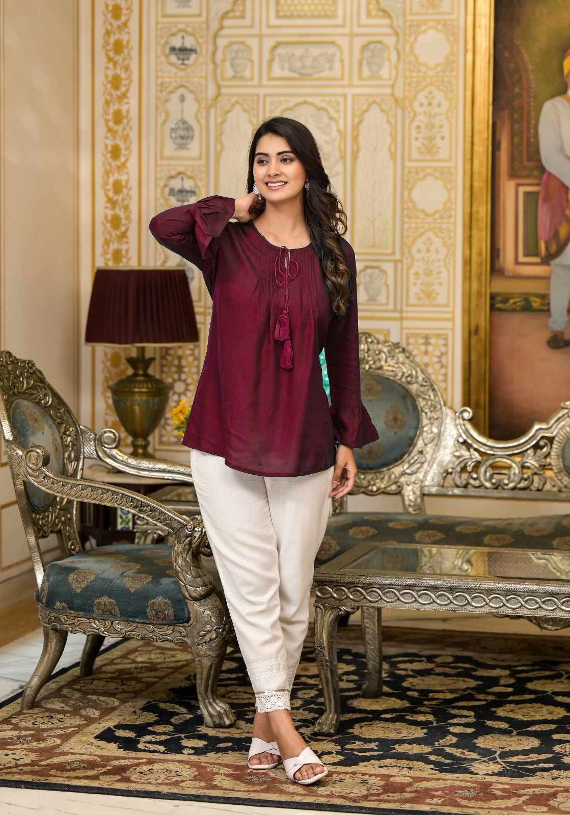 Plum Solid Rayon Top With Tassels & Doris | DesiQlo