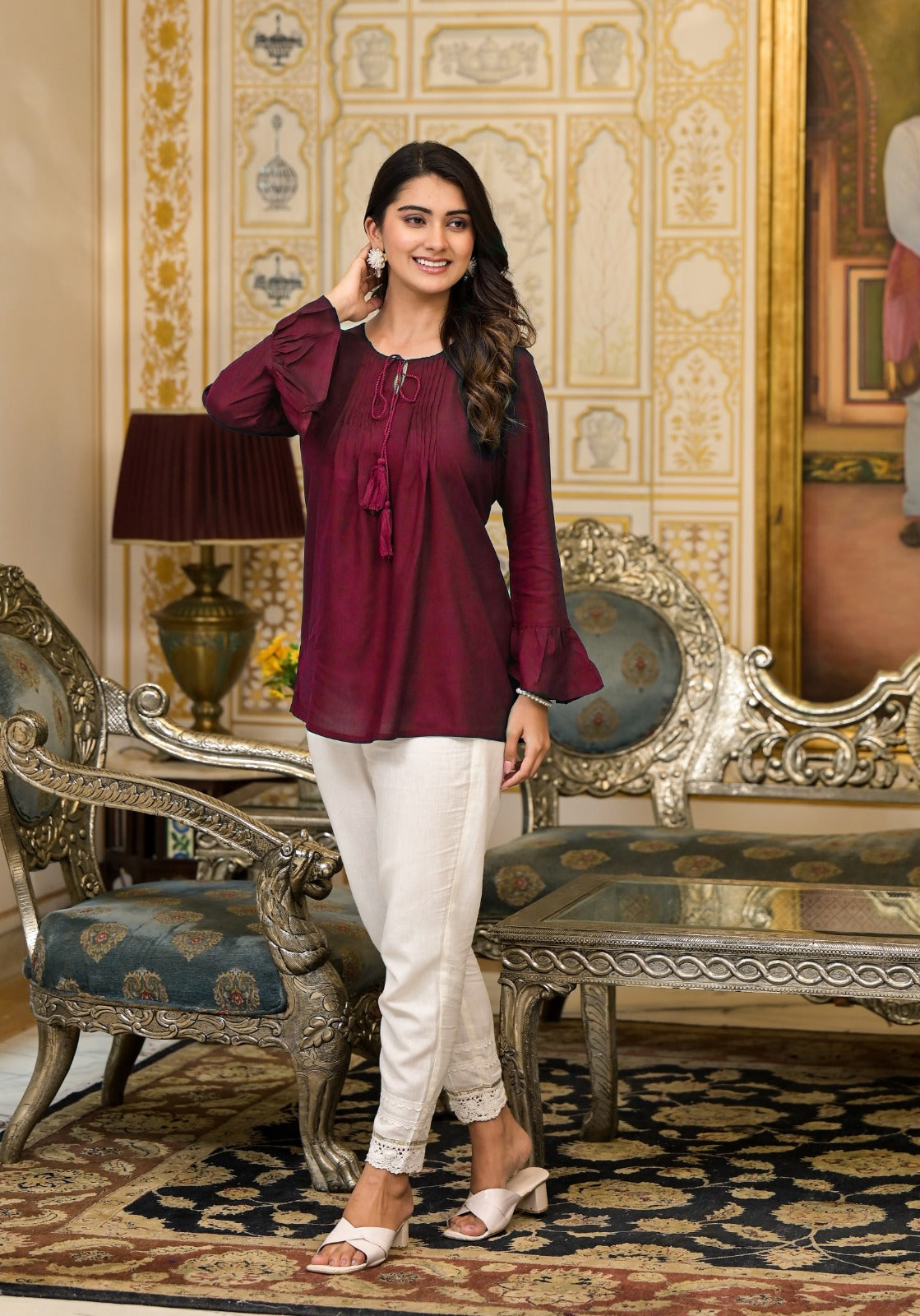 Plum Solid Rayon Top With Tassels & Doris | DesiQlo