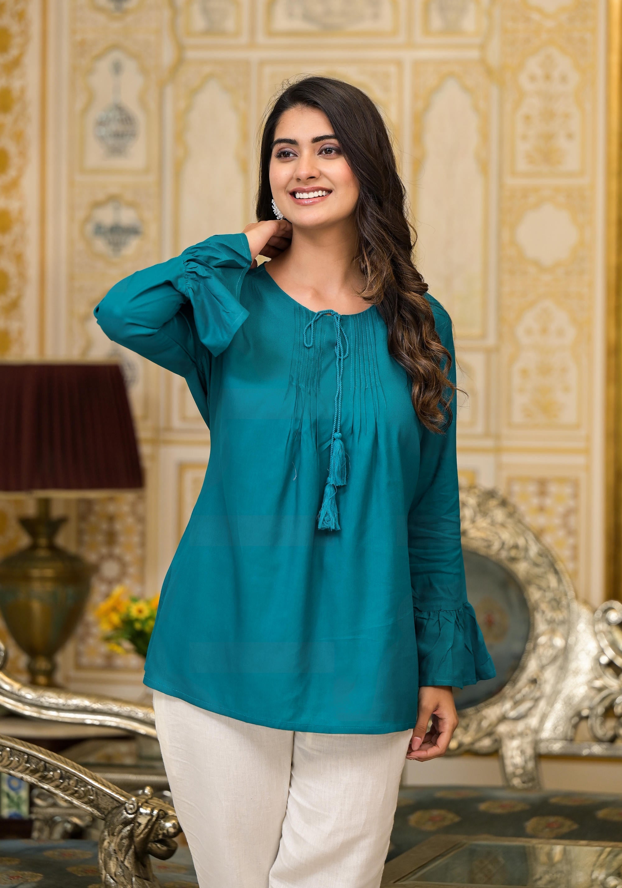 Teal Solid Rayon Top With Tassels &Doris | DesiQlo
