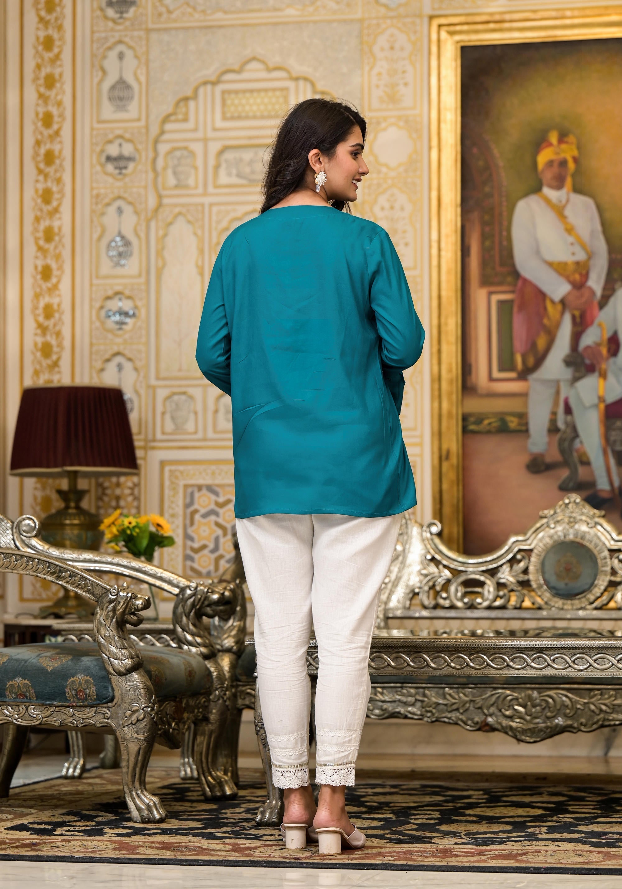 Teal Solid Rayon Top With Tassels &Doris | DesiQlo