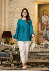 Teal Solid Rayon Top With Tassels &Doris