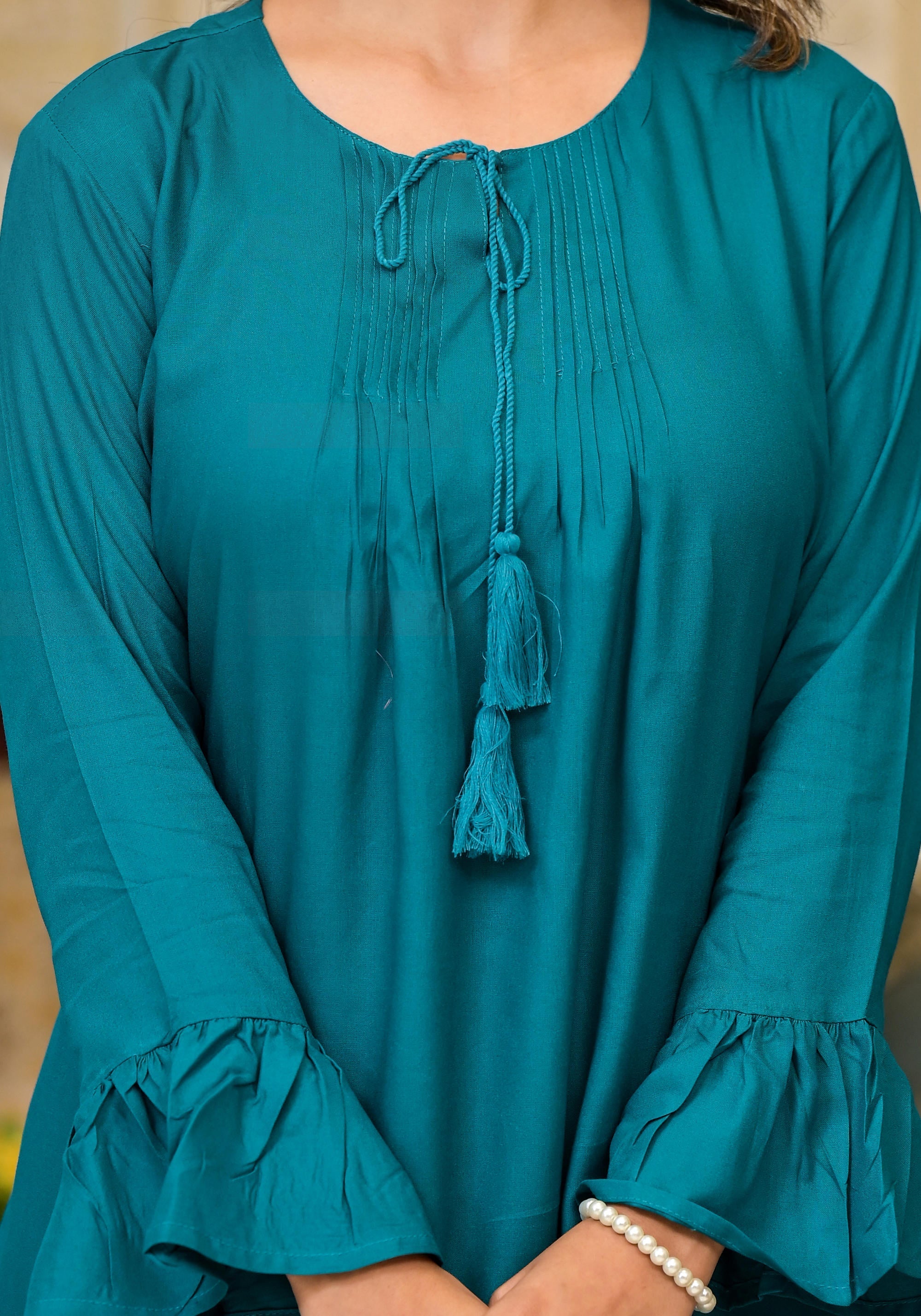 Teal Solid Rayon Top With Tassels &Doris | DesiQlo