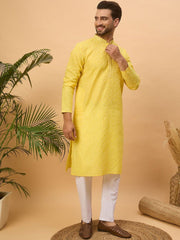 Ethnic Bay Men Yellow Silk Blend Solid Embroidered Straight Kurta With Pant Set-MKSET1455