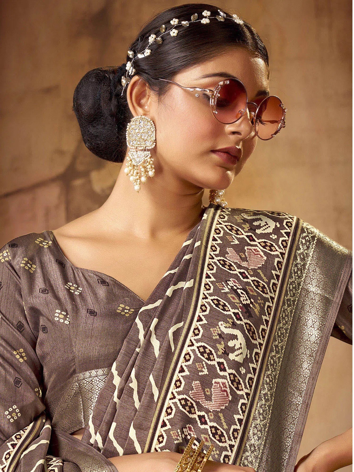 Brown Printed Polyester Saree - Designer Indian Sari