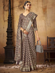 Women's Cotton Blend Navy Blue Printed Designer Saree With Blouse Piece-EAGLE01D