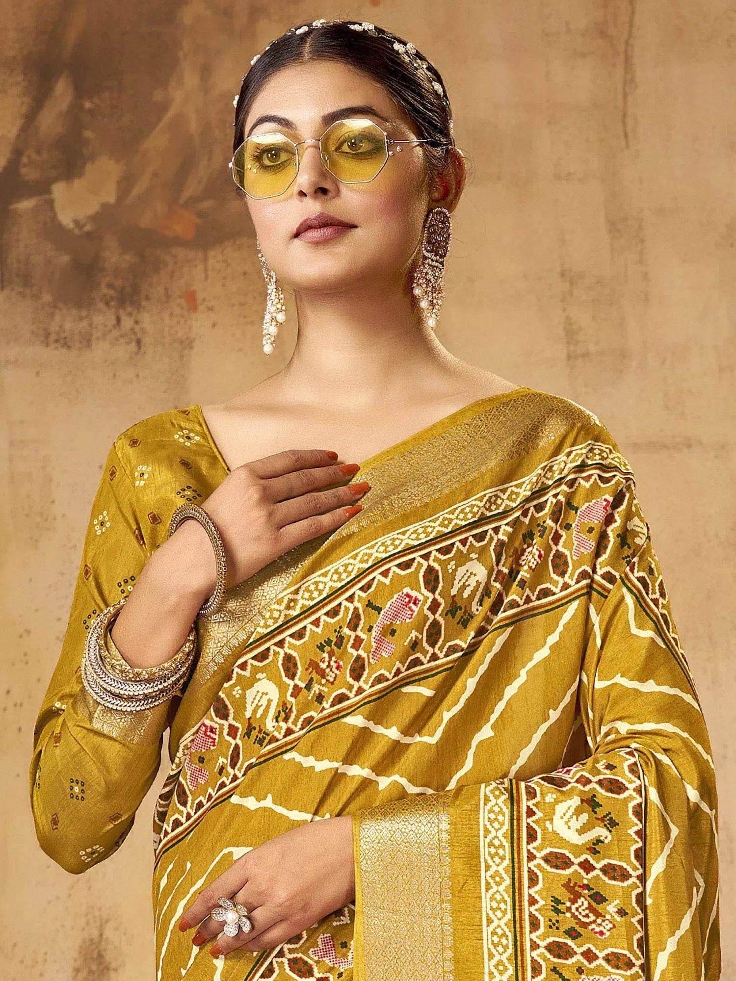Mustard Printed Designer Saree | Indian Wedding Sarees