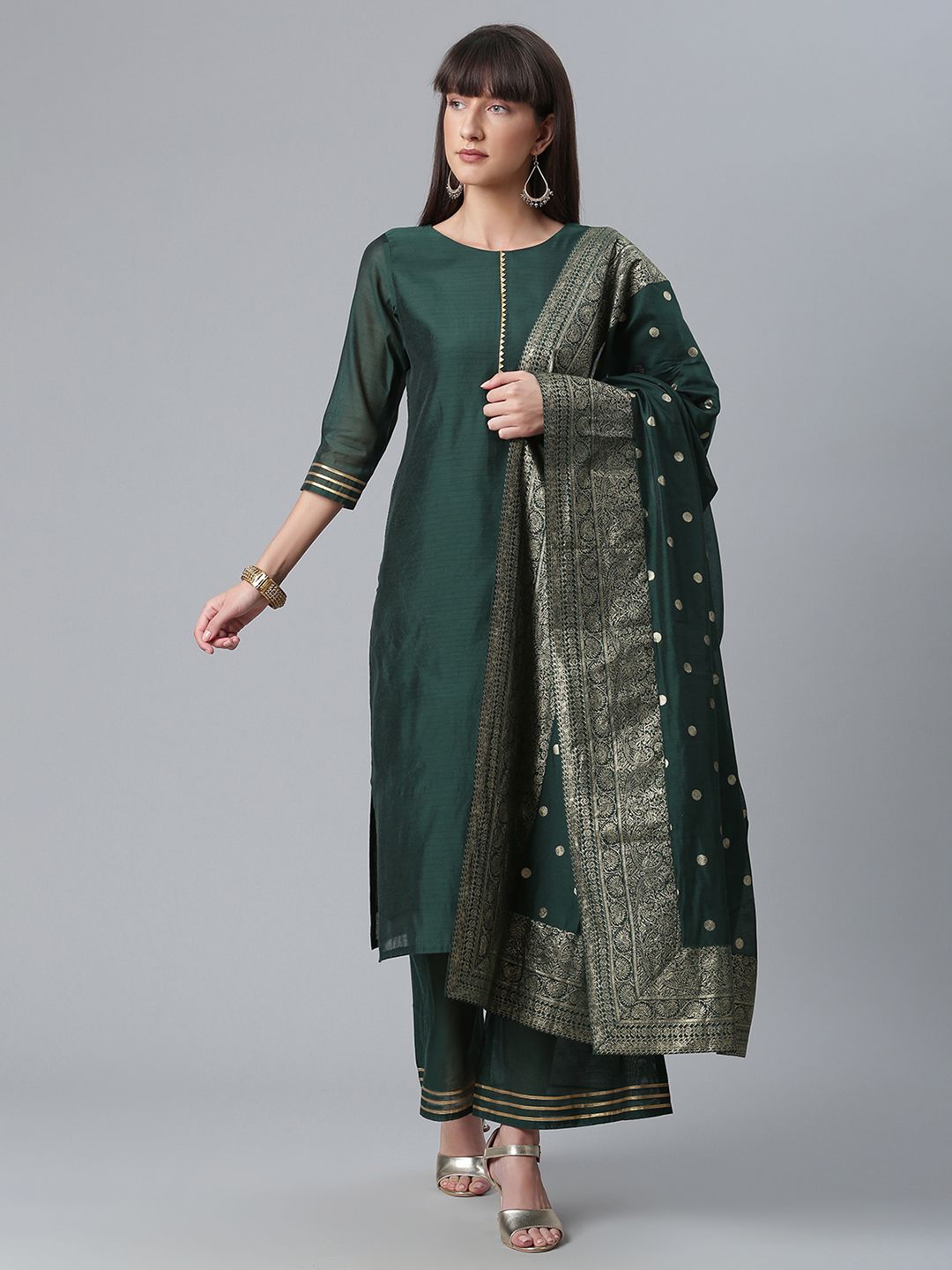Green Chanderi Kurta With Palazzo and Dupatta Set