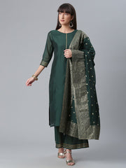 Dark Green Chanderi Solid Kurta With Palazzo And Dupatta Set-AHKUDUPZ-COMBO-375