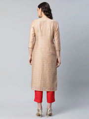 Beige & Red Chanderi Printed Kurta Pant Set-AHKUPN-COMBO-429