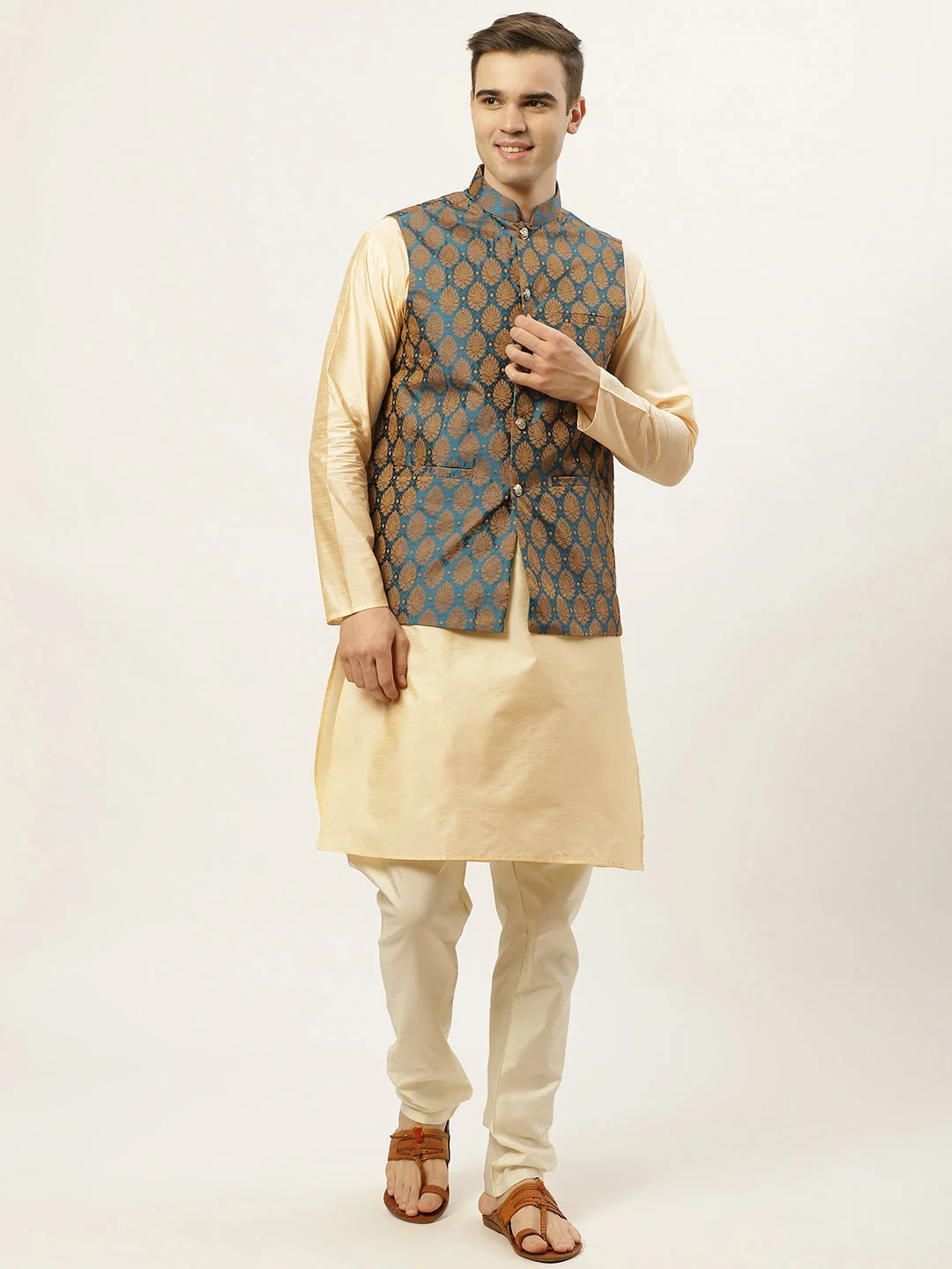 Men's Golden Dupion Silk Kurta with Churidar Jacket