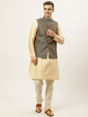 Men's Golden Dupion Silk Kurta with Churidar Jacket