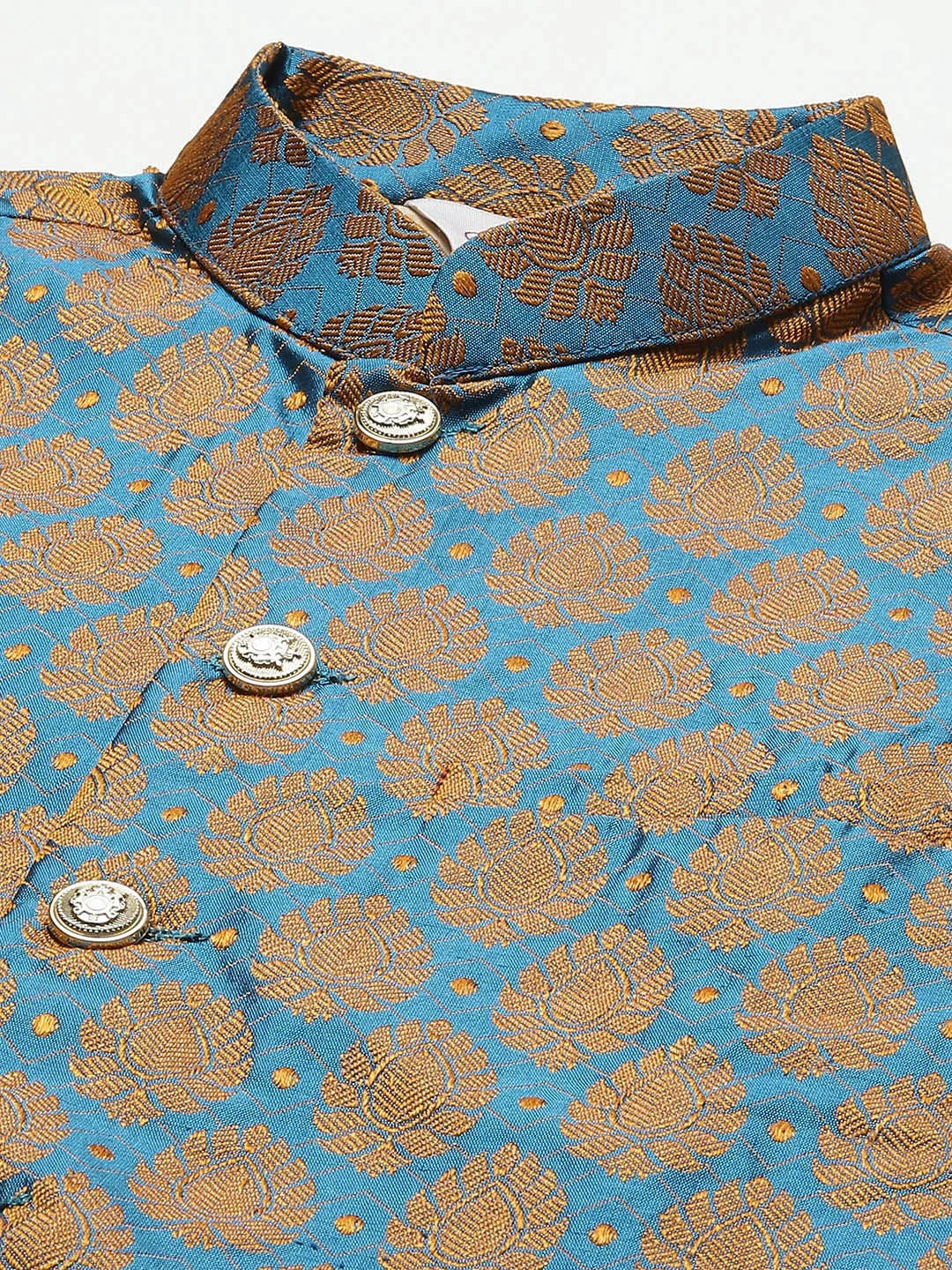 Golden Dupion Silk Mens Kurta Pajama Set with Nehru Jacket