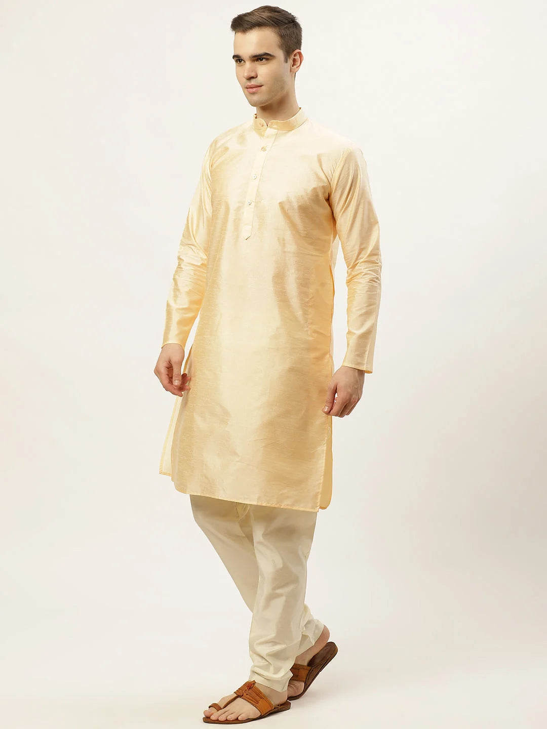 Golden Dupion Silk Mens Kurta Pajama Set with Nehru Jacket