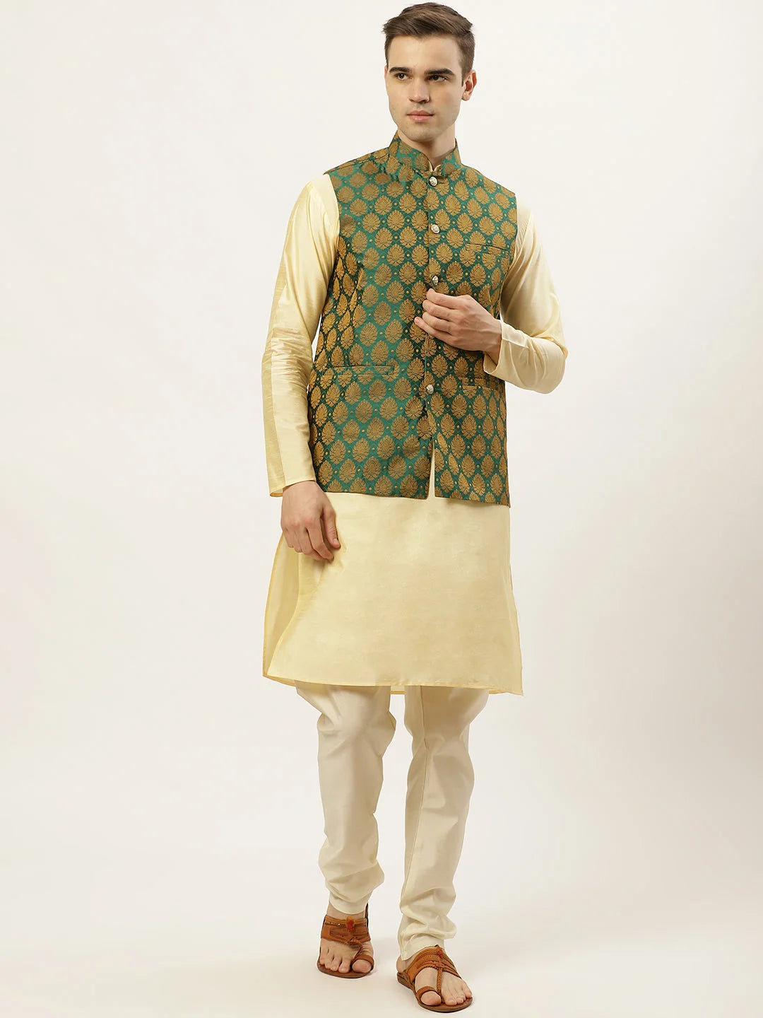 Woven Design Nehru Jacket & Kurta Pajama Set for Men