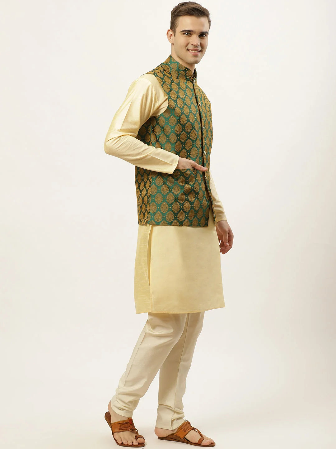 Woven Design Nehru Jacket & Kurta Pajama Set for Men