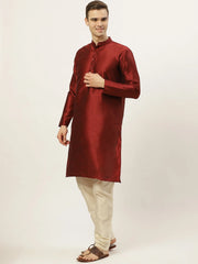 Men's Solid Dupion Kurta Pajama with Printed Nehru Solid Jacket