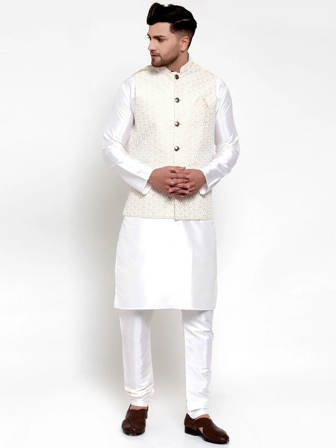 Men's Solid Dupion Kurta Pajama with High Embroidered Nehru Jacket