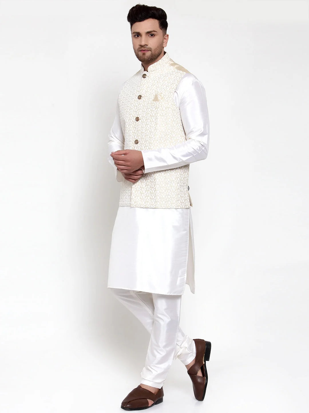 High Embroidered Nehru Jacket with Mens Kurta Pajama Set