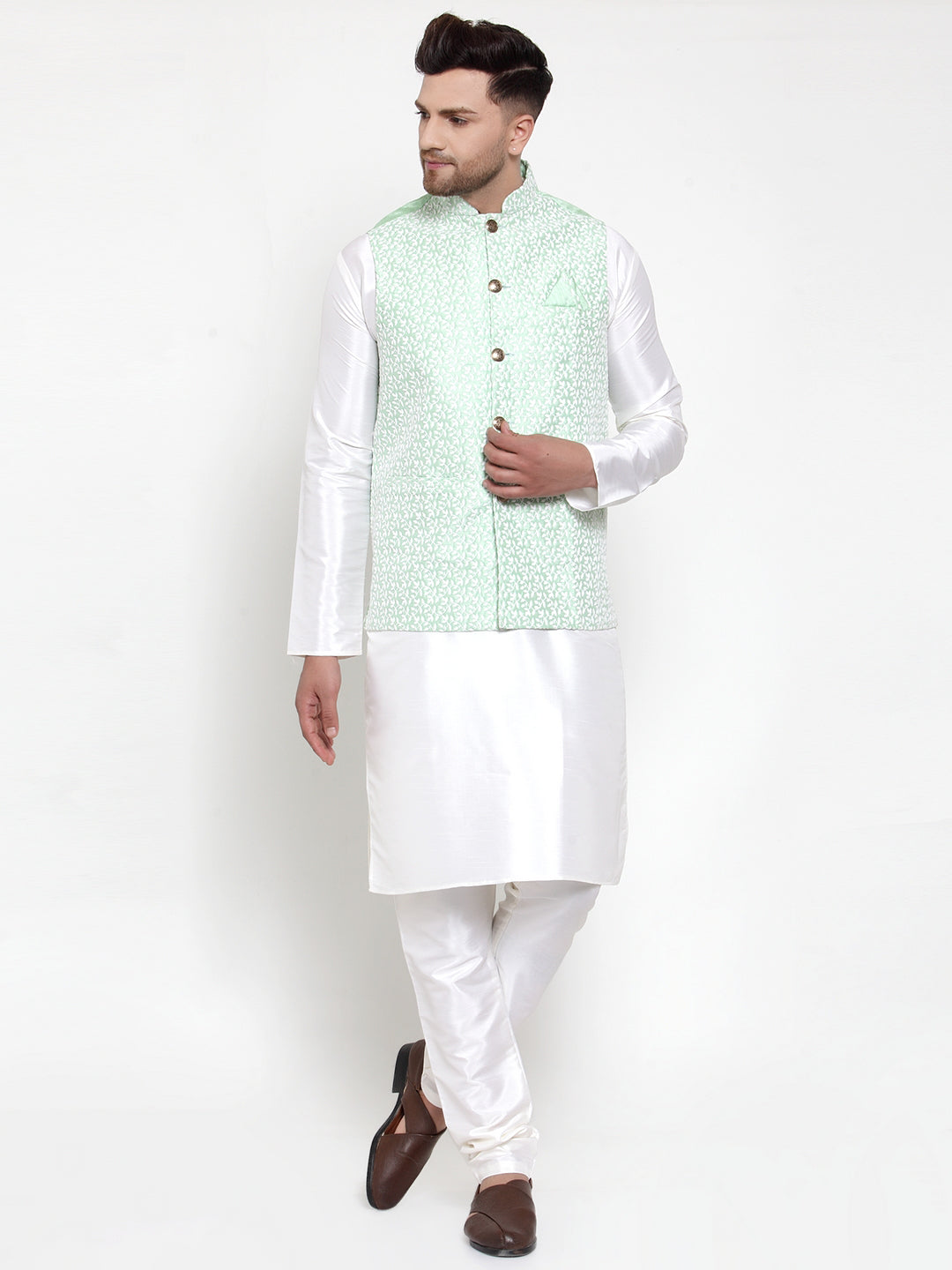 Men's Solid Dupion Kurta Pajama with Embroidered Quality Nehru Jacket
