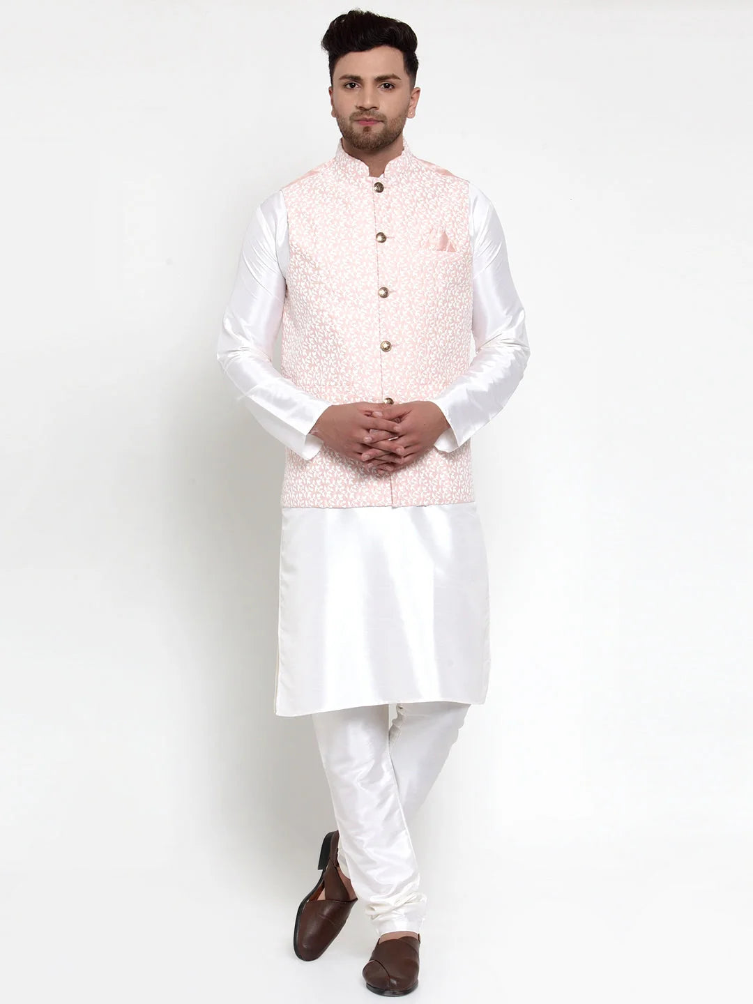 Stylish High Kurta Pajama Set with Embroidered Nehru Jacket