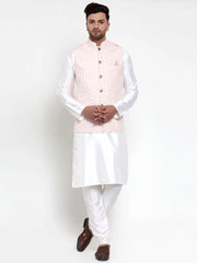 Men's Solid Dupion High Kurta Pajama with Embroidered Nehru Jacket