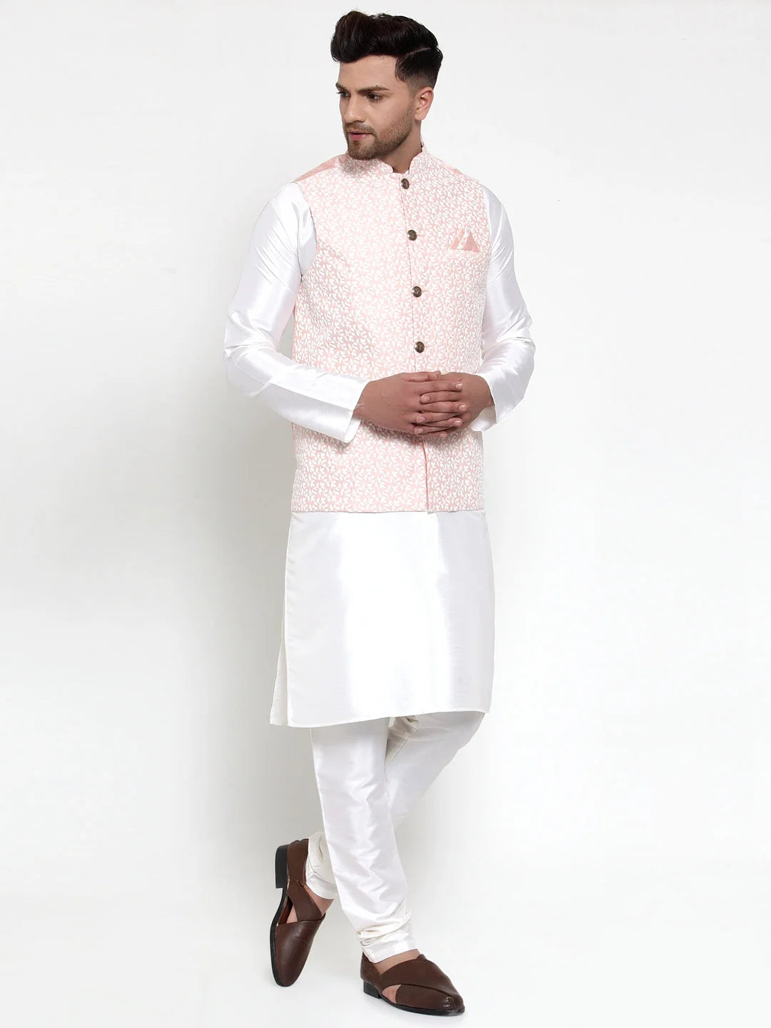 Stylish High Kurta Pajama Set with Embroidered Nehru Jacket